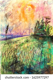A beautiful sunset in the countryside  A landscape hand drawn and pastel chalks   color pencils 