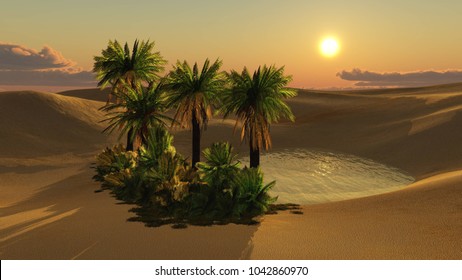 beautiful sunset in the desert above the oasis with palm trees
3d rendering