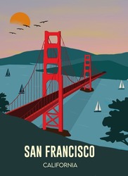 Beautiful Sunset In Golden Gate Bridge, San Francisco, California  Illustration Best For Travel Poster With Vintage Retro Style