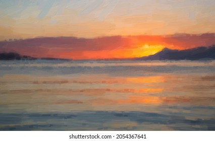 Beautiful Sunset On Adriatic Sea Coast In Croatia Painted On Canvas Texture For Wallpaper Design. Croatian Seaside Painting