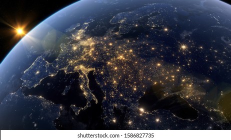 Beautiful Sunset Over Europe. City Lights At Night. Planet Earth From Space. View From Space Satellite. 3D Rendering. Images From NASA.