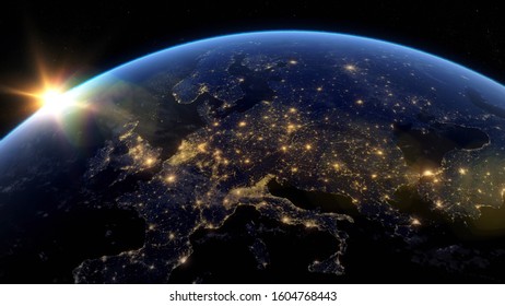 Beautiful Sunset Over Europe. City Lights At Night. Planet Earth From Space. View From Space Satellite. 3D Rendering. Images From NASA.