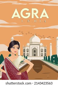 Beautiful Sunset With Pretty Girl In Taj Mahal, Agra, Uttar  Pradesh, India  Illustration Best For Travel Poster With Vintage Retro Style