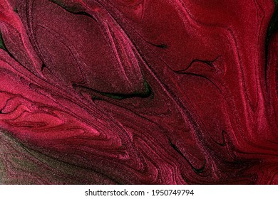 Beautiful Surface Of The Red Metallic Texture With Green Stripes.Abstract Nail Polish Background,fluid Art Technique.Horizontal Photography,good As Digital Decor.Flow Modern Backdrop.