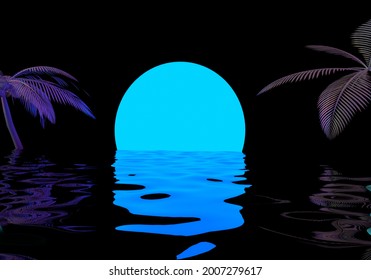 Beautiful surreal landscape with palms, sea and neon sun above it. 3D illustration in synthwave the 80's like style.