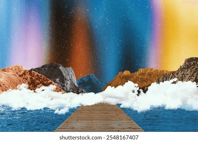 Beautiful surreal matte painting landscape with mountains in nordic mood. Northern polar lights night. Wooden pier in front of coastline. - Powered by Shutterstock