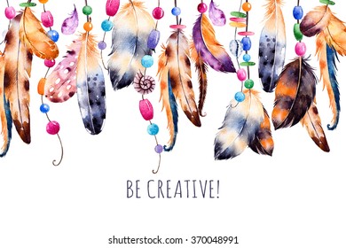 Beautiful template card Handpainted illustration Watercolor feathers and ribbons shells beads strings pearls   other decorations white background Be creative Perfect for print blogs   more