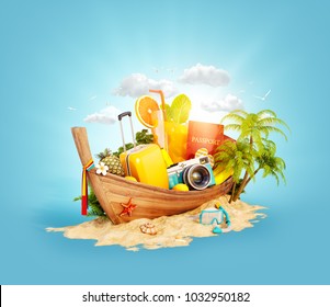 Beautiful Thai Boat With Suitcase, Passport And Camera Inside On Sand. Unusual 3d Illustration. Travel And Vacation Concept.