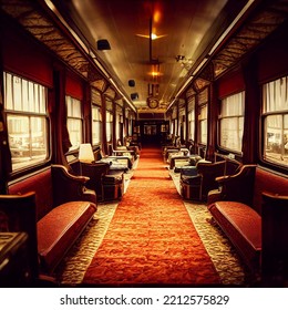 A beautiful train interior, inspired by orient express, luxury, beautiful leather sofa and chairs, ornaments and decorations. Photo realistic, concept art, background, illustration