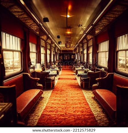 A beautiful train interior, inspired by orient express, luxury, beautiful leather sofa and chairs, ornaments and decorations. Photo realistic, concept art, background, illustration Stockfoto © 