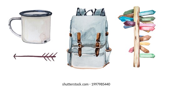 Beautiful travel items clipart set isolated on white. Watercolor camping concept illustration set. Tourism themed design.