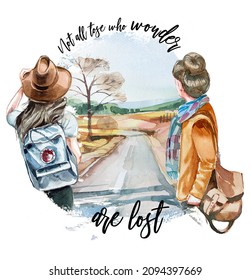 Beautiful travel themed design. Two young girls with backpacks looking at the landscape. Road illustration. Camping concept clipart. Traveling branding.