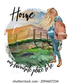 Beautiful travel themed design. Young girl with backpack looking at the landscape. Road illustration. Camping concept clipart. Travelling branding.
