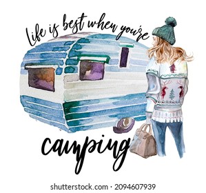 Beautiful travel themed design. Young girl with backpack looking at the landscape. Camper illustration. Camping concept clipart. Travelling branding.
