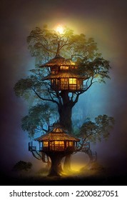 Beautiful Treehouse Night Lights Illustration Art