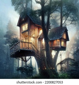 Beautiful Treehouse Night Lights Illustration Art