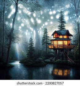 Beautiful Treehouse Night Lights Illustration Art