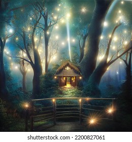 Beautiful Treehouse Night Lights Illustration Art