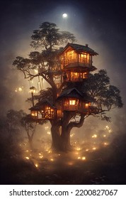 Beautiful Treehouse Night Lights Illustration Art