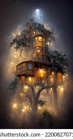 Beautiful Treehouse Night Lights Illustration Art