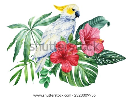 Beautiful tropical bird. Cockatoo parrot, flowers and leaf in isolated background. Watercolor illustration hand drawing