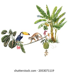 Beautiful Tropical Composition With Hand Drawn Watercolor Exotic Jungle Palm Trees And Animals. Toucan And Monkey. Stock Illustration.