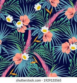 Beautiful tropical flowers. Seamless print design. Surface pattern with exotic floral motif.