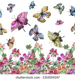Beautiful tulip-flowered pelargoniums flowers and butterflies on white background. Seamless floral pattern, border. Hand painted illustration. Fabric, wallpaper, bed linen, greeting card design.