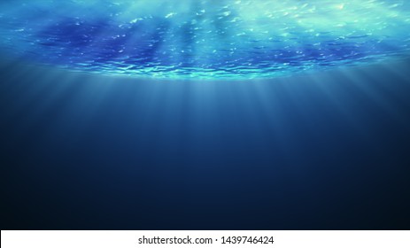 Beautiful underwater sea scene view  and ripples with sun light beams shining from above coming through the deep clear blue water causing a beautiful ocean waves ripple.  3D illustration - Shutterstock ID 1439746424
