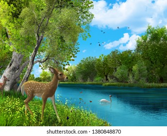 Beautiful Untouched Animal Nature Paradise, Peaceful, Garden Of Eden, 3d Render