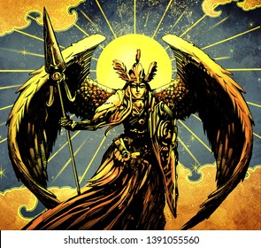 Beautiful Valkyrie In Armor With Large Wings, Spear And Shield.,against The Golden Sun In The Sky With Clouds And Stars