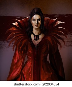 Beautiful vampire bloody countess in crimson dress outfit, wearing amulet.