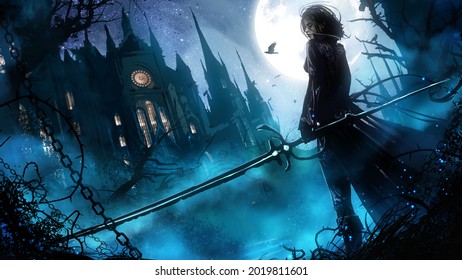 A beautiful vampire hunter girl in a leather suit with a long magic saber stands at the entrance to a huge Gothic sabor, it's night and fog outside, a bright full moon illuminates the estate. 2d art