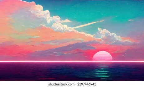 Beautiful Vaporwave Illustration Of The Sea And Sun