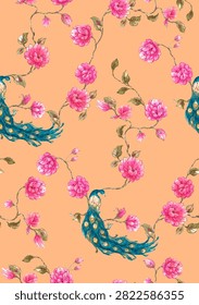 Beautiful vector seamless pattern with peacock tropical japanese flowers, tree, spring wallp