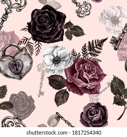 Beautiful Victorian Gothic Style Seamless Pattern With Pink Background. Watercolor Burgundy, Black And Purple Flowers, Vintage Elements Print.