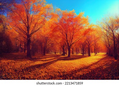 Beautiful view of the autumn forest in the morning. The leaves have turned yellow and red. digital landscape illustration. - Powered by Shutterstock