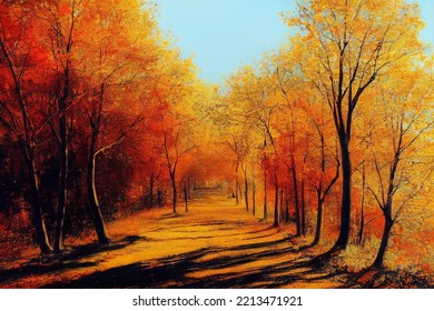 Beautiful view of the autumn forest in the morning. The leaves have turned yellow and red. digital landscape illustration. - Powered by Shutterstock