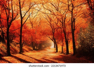 Beautiful view of the autumn forest in the morning. The leaves have turned yellow and red. digital landscape illustration. - Powered by Shutterstock