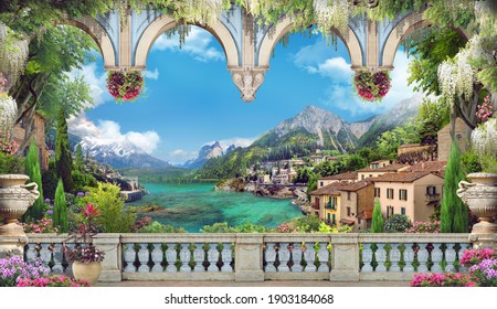 Beautiful view from the balcony on the Italian coast. Blue arches, pink and white flowers. Blue sky. Digital collage, mural and mural. Wallpaper. Poster design. Modular panel.  Illustration for print.