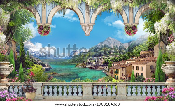 Beautiful View Balcony On Italian Coast Stock Illustration 1903184068