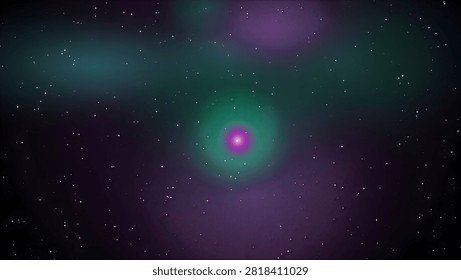 A beautiful view of deep space featuring a bright glowing pink and green star surrounded by a dark field of numerous tiny twinkling stars.