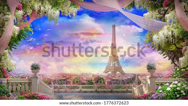 Beautiful view from the flower-covered balcony to the Eiffel tower and pink sunset. Digital collage , mural and fresco. Wallpaper design. 3d render