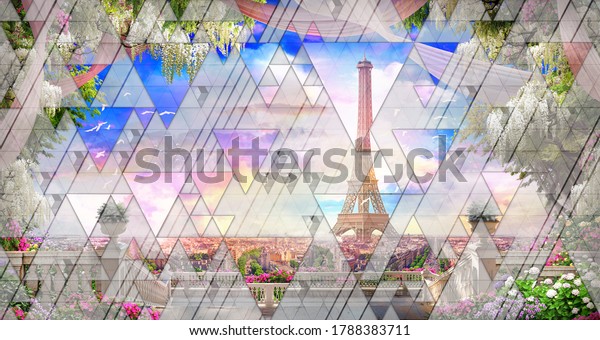 Beautiful view from the flower-covered balcony to the Eiffel tower and pink sunset. Digital mural Wallpaper. Graphic design and 3d render.