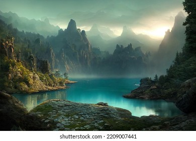 Beautiful view of mountain and lake with dramatic sky background. 3D rendering