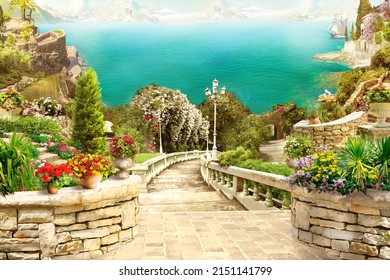 Beautiful view of the mountains and the sea. Flowers, arch. Digital collage of murals. Wallpaper.