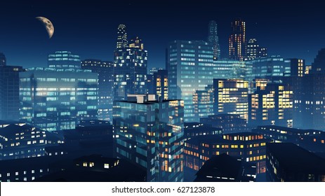 Beautiful View Of The Night City, Night City Landscape, 3d Rendering