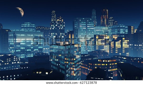 夜の街 夜の街並み 3dレンダリングの美しいビュー のイラスト素材