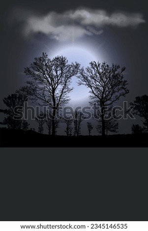 Frostige Dezembernacht. Der Mond scheint auf Obstbäume die im hohen Schnee stehen und im Eisnebel verschwinden.