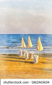 Beautiful view on Mediterranean sea beach umbrellas colorful painting looks like picture